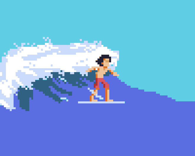 Pixel art of a surfer riding a wave, the Narrly mascot