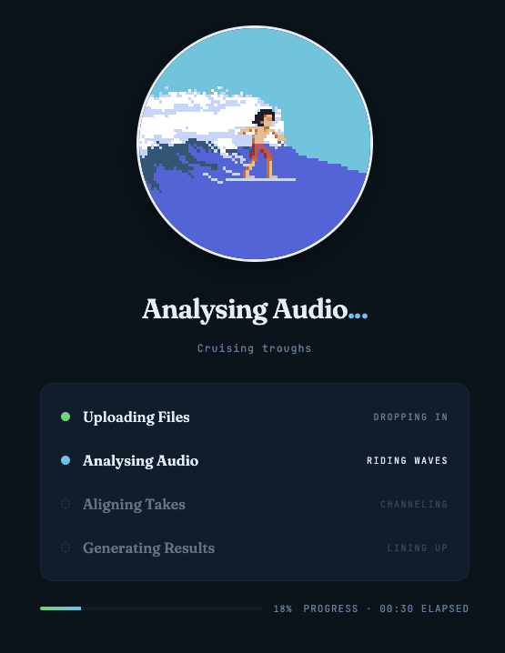 Pixel art of a surfer riding a wave, the Narrly mascot
